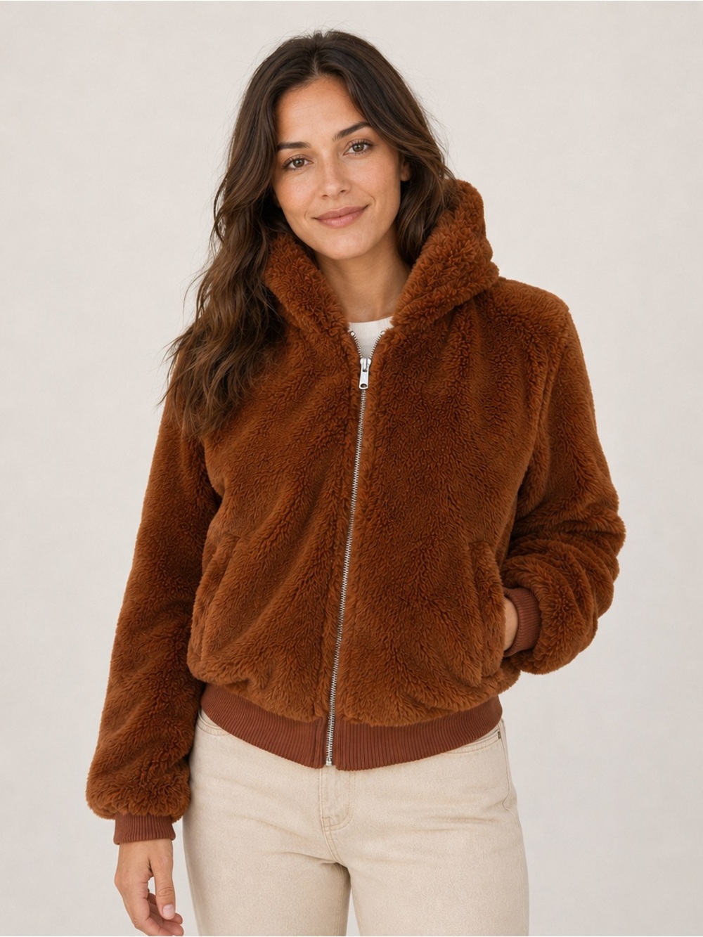 Love Tree Faux Fur Teddy Bomber Jacket Rust Brown Women's M